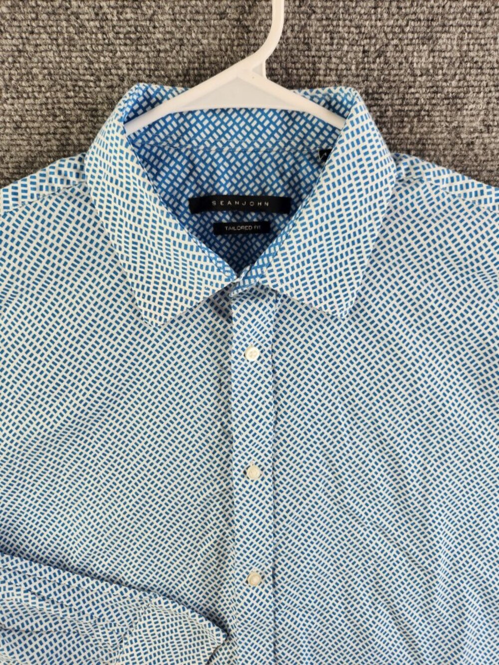 Sean John Button Up Shirt Blue White Long Sleeve Geometric 18 34/35 Tailored Fit